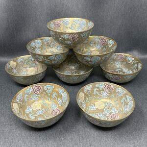 Vintage 8pc YT Japanese Porcelain Bowls Hand Painted Hong Kong Gold Floral Set